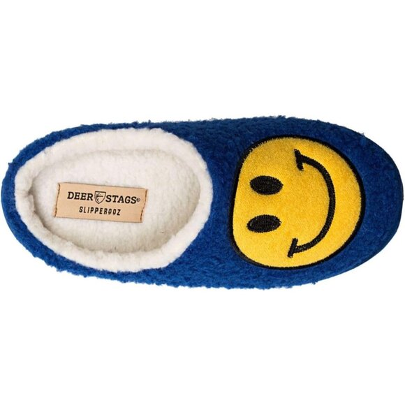 Deer Stags Mens Blue Smiley Face Cushioned Slipperooz Round Toe Slip on Slippers - Picture 2 of 4